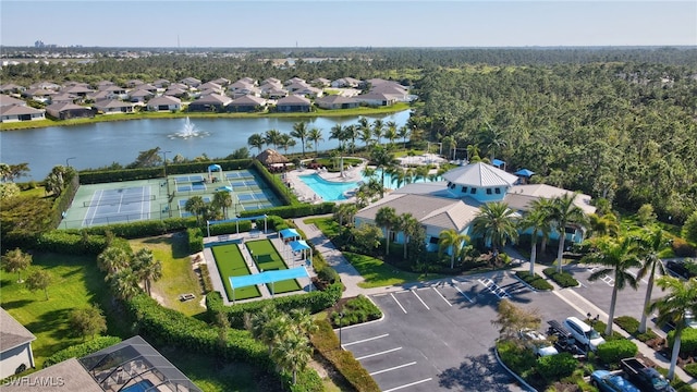 aerial view with a water view and a residential view