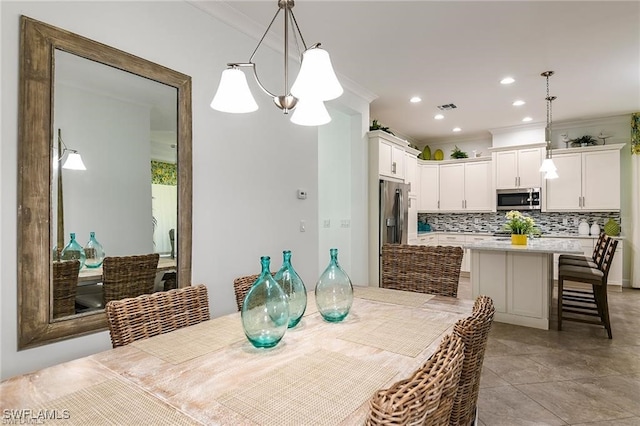 dining space featuring crown molding, light tile patterned floors, recessed lighting, and visible vents