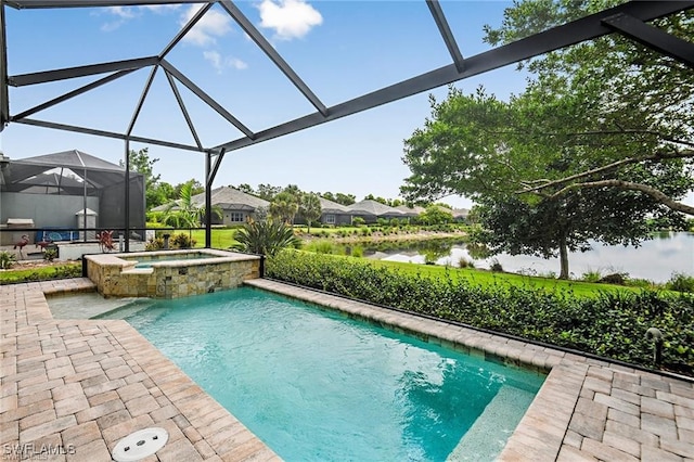 view of pool featuring a lanai, a patio area, a water view, and a pool with connected hot tub