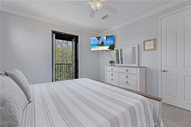 carpeted bedroom featuring visible vents, a ceiling fan, access to exterior, and crown molding