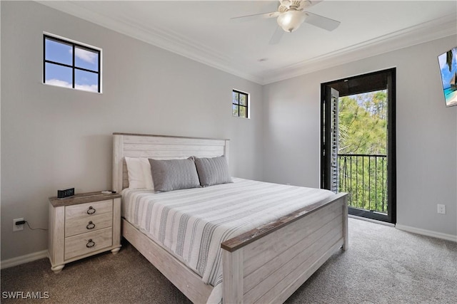 carpeted bedroom with ornamental molding, a ceiling fan, baseboards, and access to outside