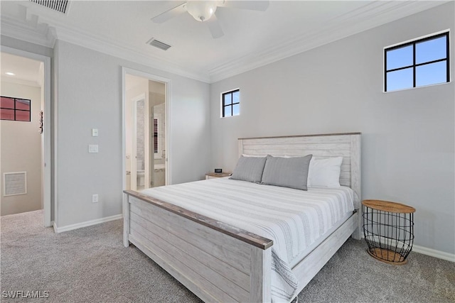 bedroom with visible vents, carpet flooring, and ornamental molding