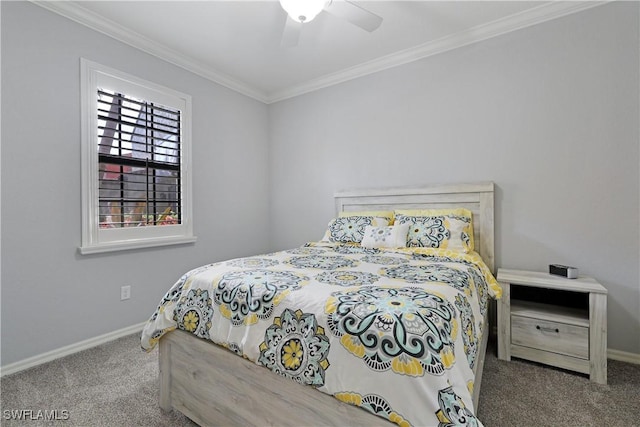 bedroom featuring carpet flooring, baseboards, and ornamental molding