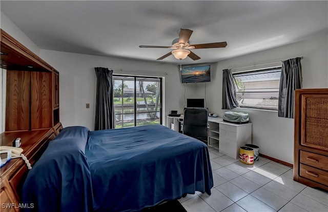 bedroom featuring ceiling fan, baseboards, access to exterior, and light tile patterned flooring