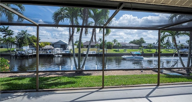 property view of water featuring a residential view and a boat dock