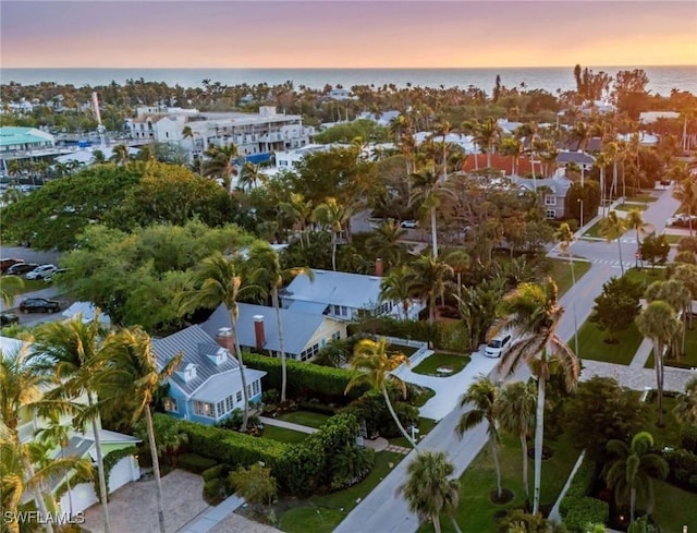 aerial view at dusk featuring a water view