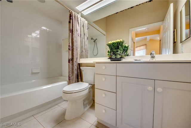 full bath with vanity, toilet, shower / tub combo, and tile patterned flooring