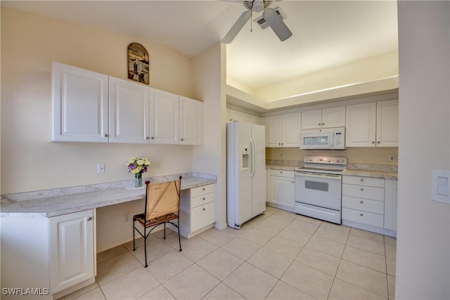 kitchen with ceiling fan, light countertops, light tile patterned floors, white appliances, and white cabinetry