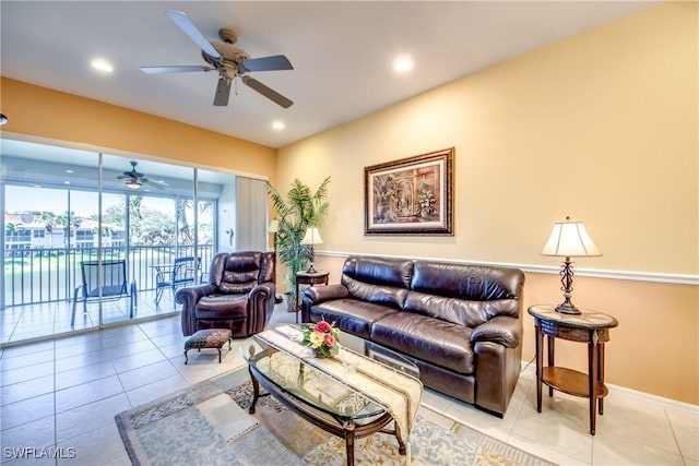 living room with light tile patterned floors, recessed lighting, and ceiling fan