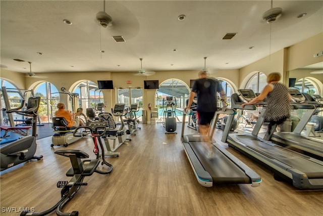 exercise room with ceiling fan, visible vents, and wood finished floors