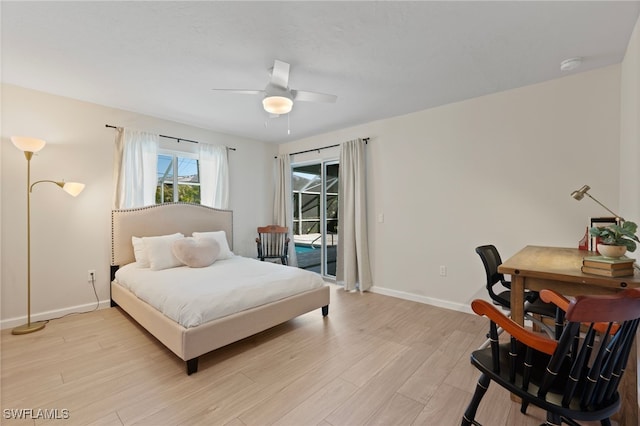 bedroom with access to exterior, a ceiling fan, baseboards, and light wood finished floors