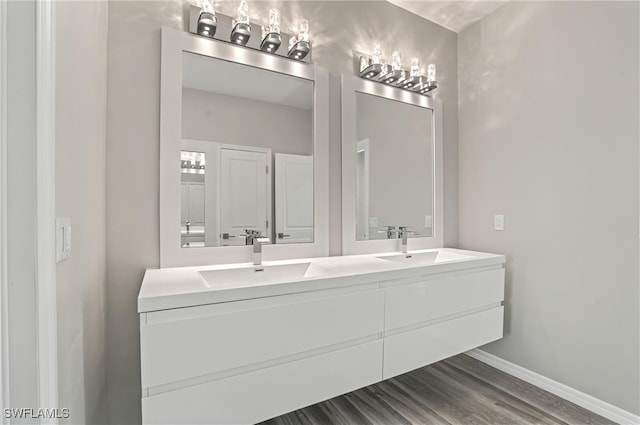 bathroom with a sink, baseboards, wood finished floors, and double vanity