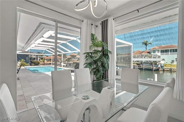 dining room with a water view