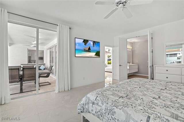bedroom featuring access to outside and ceiling fan