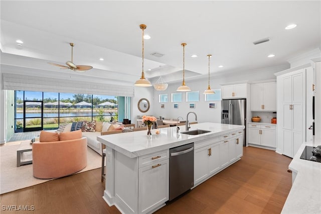 kitchen featuring dark wood finished floors, a tray ceiling, a sink, stainless steel appliances, and open floor plan