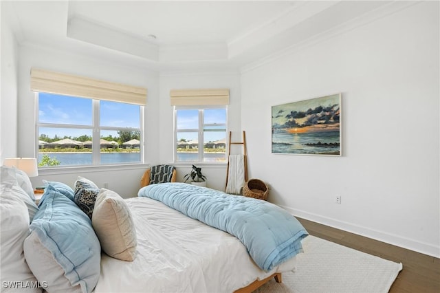 bedroom with baseboards, a raised ceiling, and dark wood-style floors