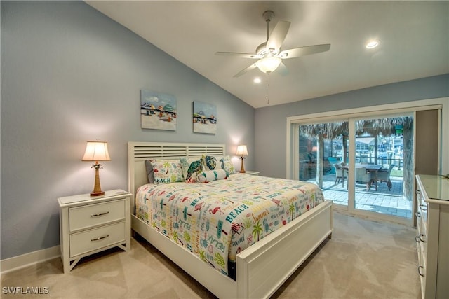 bedroom with a ceiling fan, baseboards, vaulted ceiling, access to outside, and light colored carpet
