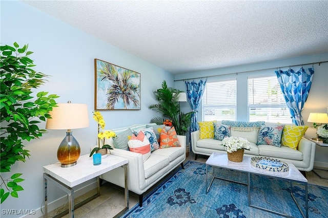 living room featuring a textured ceiling