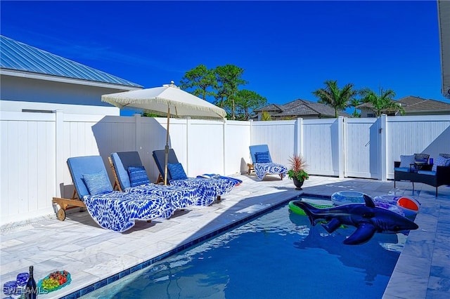 view of swimming pool featuring a patio area and a fenced backyard