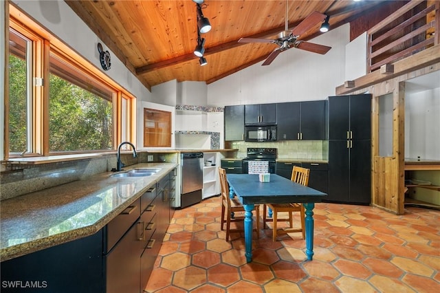 3775 27th Ave SW, Naples, FL 34117 - kitchen with a sink, black microwave, wood ceiling, range with electric stovetop, and stainless steel dishwasher