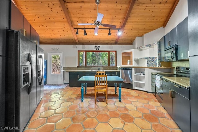 3775 27th Ave SW, Naples, FL 34117 - kitchen featuring black appliances, wood ceiling, ceiling fan, tasteful backsplash, and beam ceiling