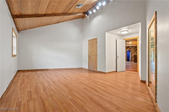 3775 27th Ave SW, Naples, FL 34117 - unfurnished room featuring wood ceiling, light wood finished floors, beamed ceiling, baseboards, and high vaulted ceiling