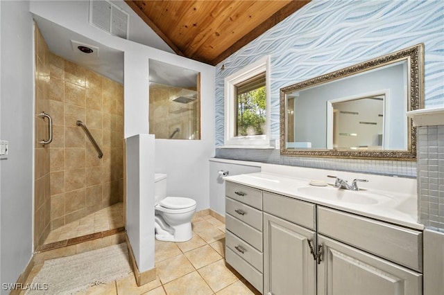 3775 27th Ave SW, Naples, FL 34117 - full bathroom with wooden ceiling, a tile shower, toilet, lofted ceiling, and tile patterned flooring