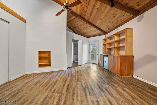 3775 27th Ave SW, Naples, FL 34117 - unfurnished living room with ceiling fan, wood finished floors, beam ceiling, wooden ceiling, and baseboards