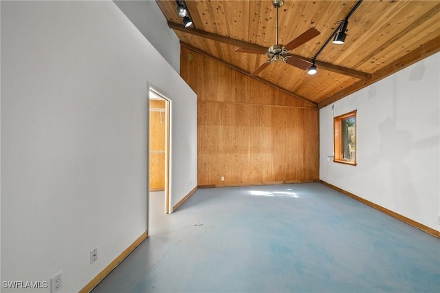 3775 27th Ave SW, Naples, FL 34117 - spare room featuring wood ceiling, baseboards, beam ceiling, a ceiling fan, and track lighting