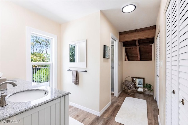 183 Old Tamiami Trl, Naples, FL 34110 - full bathroom with wood finished floors, a closet, double vanity, and baseboards
