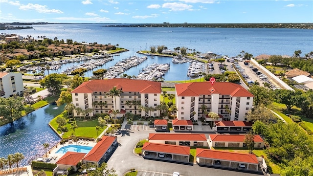 drone / aerial view featuring a water view