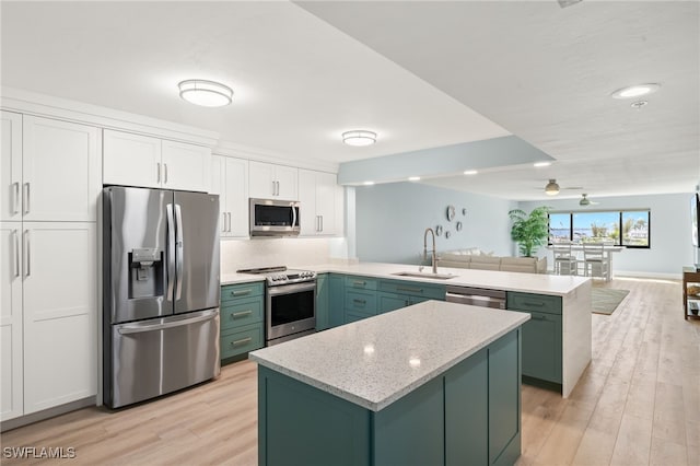 kitchen featuring green cabinetry, a peninsula, a sink, stainless steel appliances, and white cabinetry