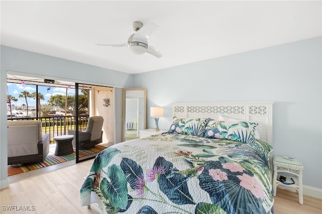 bedroom with light wood-style flooring, access to exterior, and a ceiling fan