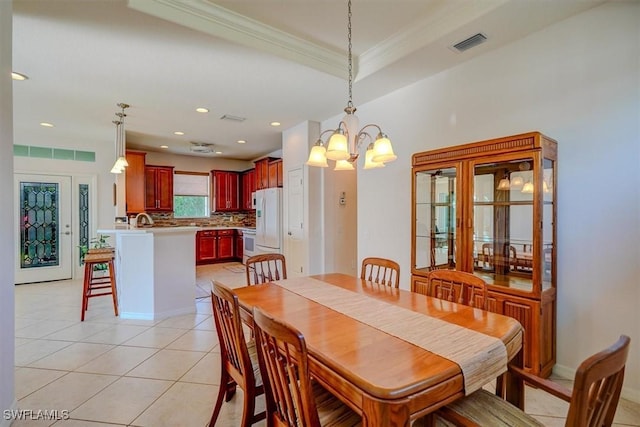 dining room featuring visible vents, crown molding, light tile patterned floors, recessed lighting, and a notable chandelier