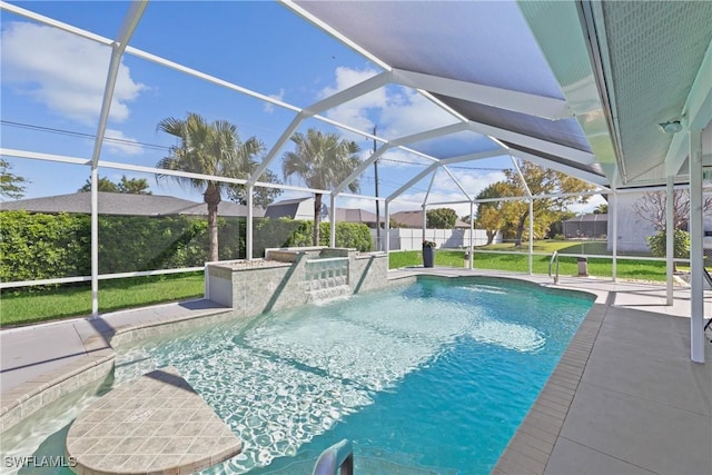 view of swimming pool with glass enclosure, fence, a fenced in pool, and a patio area