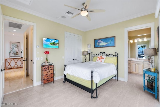 bedroom featuring visible vents, crown molding, and baseboards