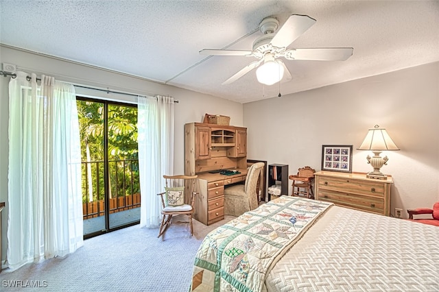 bedroom with light carpet, a textured ceiling, a ceiling fan, and access to outside