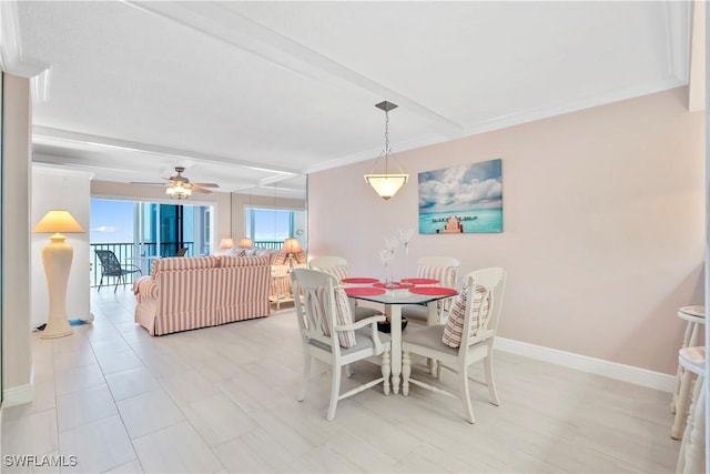 25900 Hickory Blvd Unit 405, Bonita Springs, FL 34134 - dining room featuring baseboards, beamed ceiling, and ceiling fan