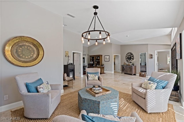 living area featuring visible vents, lofted ceiling, baseboards, and an inviting chandelier