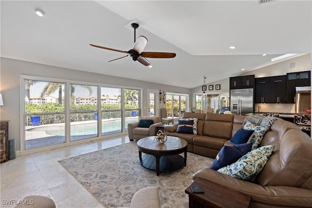 living room with lofted ceiling, recessed lighting, and ceiling fan