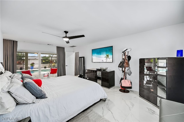 bedroom featuring visible vents, marble finish floor, and a ceiling fan