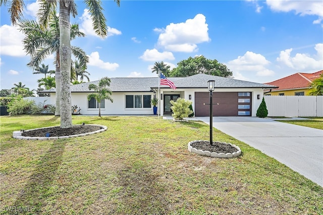 single story home with stucco siding, concrete driveway, a garage, and fence