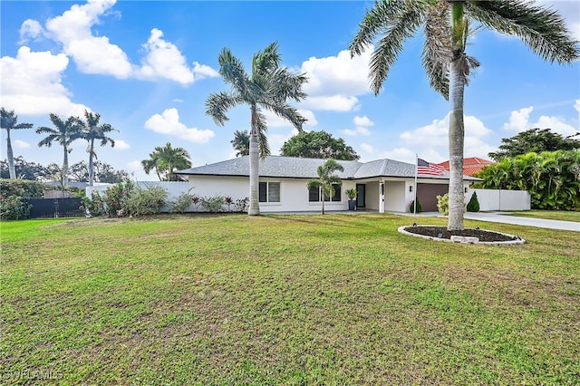 exterior space featuring stucco siding, concrete driveway, a front lawn, and fence