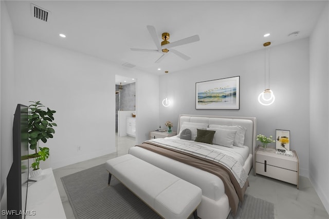 bedroom featuring visible vents, recessed lighting, and baseboards