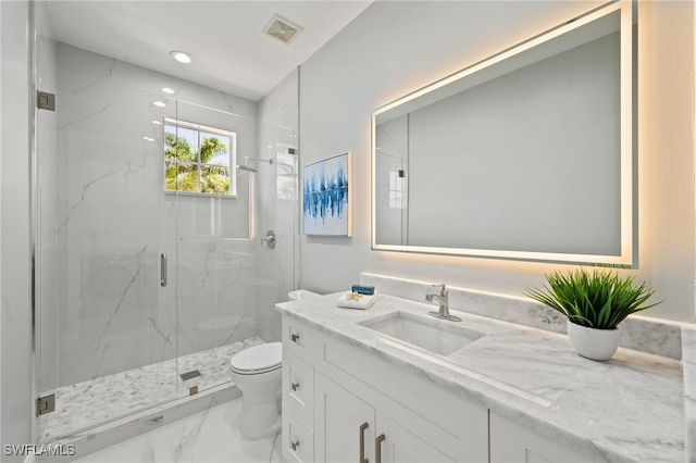 full bathroom featuring a marble finish shower, visible vents, toilet, marble finish floor, and vanity