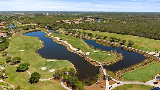 aerial view with a water view and golf course view