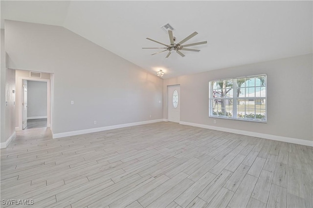 empty room with baseboards, light wood-style floors, visible vents, and ceiling fan