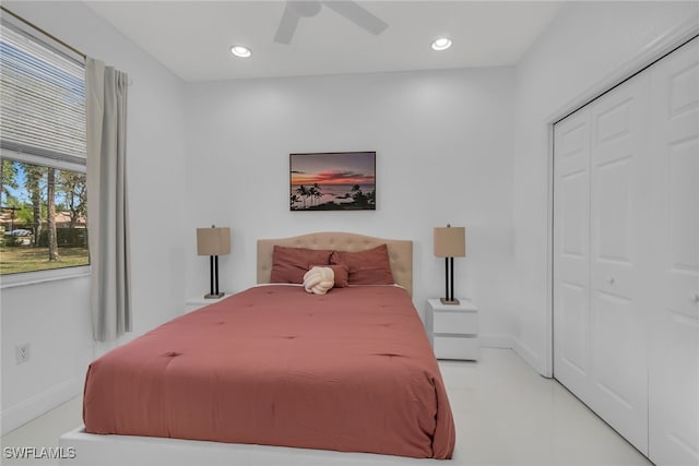 bedroom with a closet, recessed lighting, baseboards, and ceiling fan