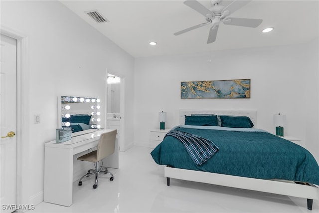 bedroom featuring recessed lighting, visible vents, ensuite bath, and a ceiling fan