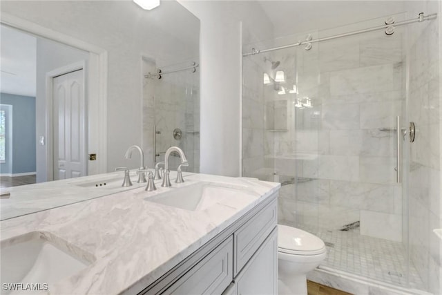 bathroom featuring double vanity, a stall shower, toilet, and a sink